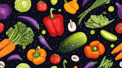 Colorful vegetables pattern symbolizing vegan nutrition and healthy eating.