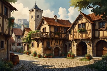 Obraz premium Rustic village life in a medieval setting in watercolor style