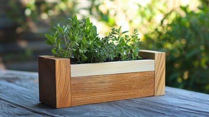 Wooden herb planter with fresh herbs on a rustic table, symbolizing diy creativity and natural living.