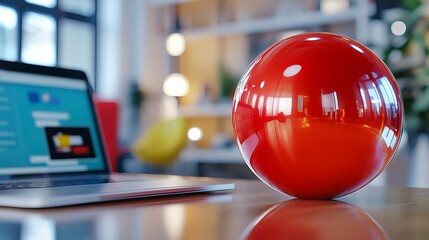 Red Sphere, Laptop, Modern Office - Minimalism