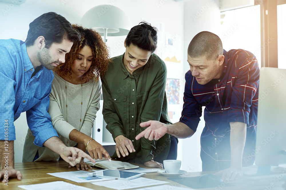Poster collaboration, smile and talking with designer people in office together for software development. c