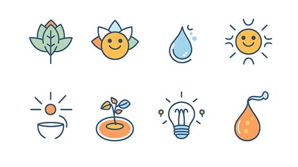 Line icons depicting mental health and wellness themes, such as a lotus flower, a smiling face, therapy session, light bulb for ideas, healthy food, and a water drop. Editable strokes for scalability.