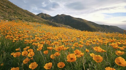 Fototapeta premium Golden sunlight illuminating vibrant wildflower fields, creating a dreamy atmosphere filled with rich colors and delicate textures of petals.