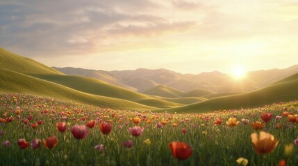 Golden sunlight illuminating vibrant wildflower fields, crafting an enchanting scene filled with rich hues and soft textures of blooming petals.