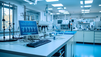 Laboratory experiment setup modern research facility digital workstation clean environment wide-angle view scientific innovation