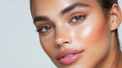 A close-up of a woman's face showcasing flawless skin, natural makeup, and a soft smile, highlighting her features and glowing complexion.