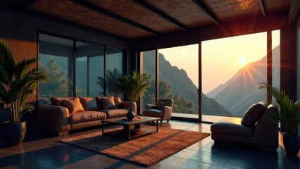A futuristic container house with glass walls, atmospheric lighting inside, the interior of the living room is visible, many details, windows on the walls