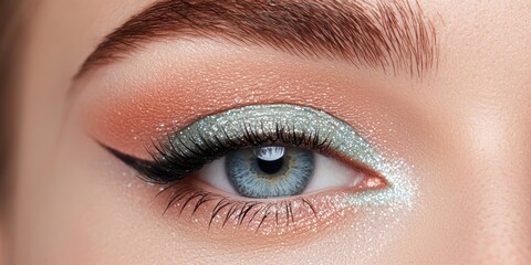 Fototapeta premium A close-up of a beautifully made-up eye, featuring sparkly eyeshadow and a striking eyeliner, showcasing vibrant colors and intricate details.