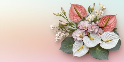 Naklejka premium Luxurious exotic flower bouquet featuring orchids, proteas, and anthuriums against a soft gradient background for a dreamy effect.