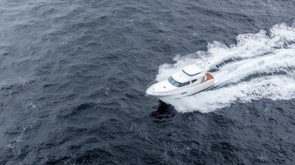 Fototapeta premium White motor yacht cruising at high speed through deep blue ocean water, leaving a white wake.
