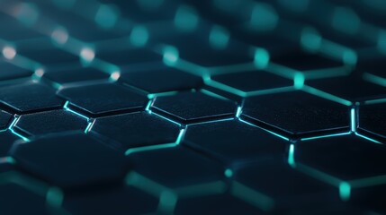 Obraz premium A close-up view of a hexagonal pattern with a glowing turquoise hue, creating a futuristic and tech-inspired aesthetic.