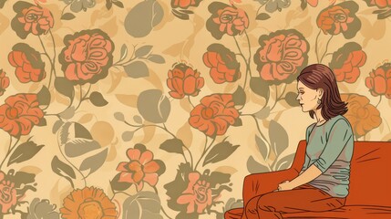 World maternal mental health day concept with reflective woman and floral background. Postpartum depression concept. Postnatal care services, women's wellness. Horizontal banner. Copy sapce