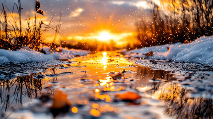 Fototapeta premium Sunset reflecting in winter puddle, snow, plants