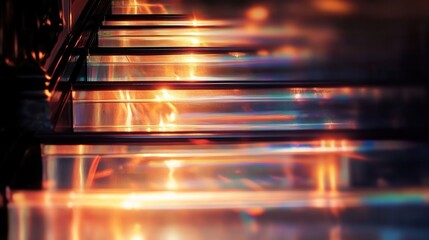 Illuminated stairs with vibrant patterns and reflections.