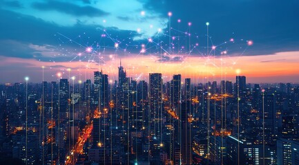 Fototapeta premium Night City Skyline with Illuminated Network Connections