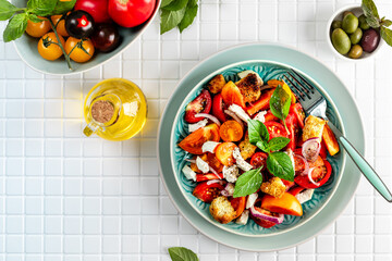 Panzanella Brain Salad. Top view. Copy space.