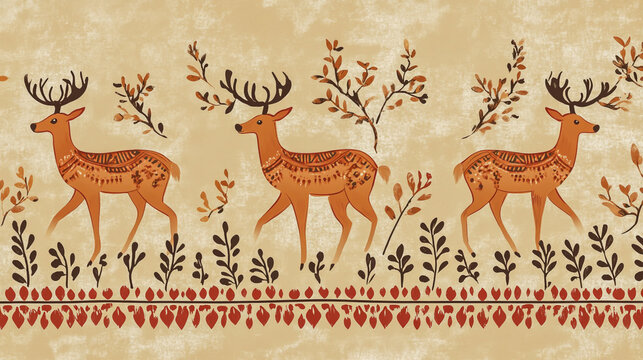 Traditional Indian Rajasthani folk art design featuring Warli-style patterns with deer motifs