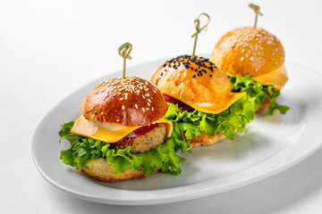 group of delicious burgers with different fillings on white plate