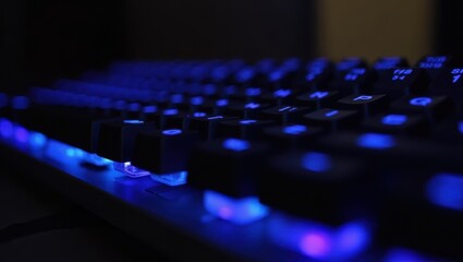 Hall Effect Keyboard. Close-up of black mechanical keyboard with blue LED backlighting typing action for gaming setup technology workspace background with dark ambiance and futuristic digital mood