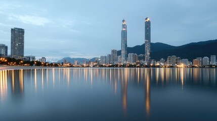 Cityscape dawn, beach reflection, coastal buildings, mountains