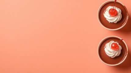 Indulgent chocolate desserts topped with whipped cream and cherr