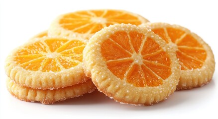 Freshly Baked Orange Cookies with Glazed Sugar and Bright Citrus Flavor on White Background for Delicious Dessert Ideas
