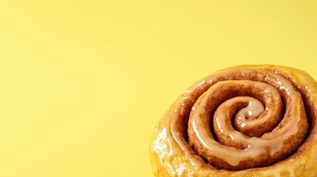 Swirling cinnamon roll with golden crust against bright yellow b