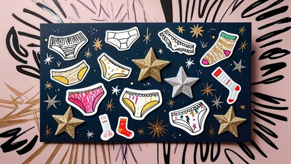 Fototapeta premium Festive Underwear Socks Gift Set with Glitter Stars