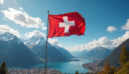 Switzerland flag flutters against blue sky mountain backdrop. Swiss banner with white cross flutters over lake, snow-capped mountains, alpine landscape. National identity, patriotism. Travel