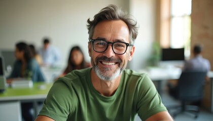 Obraz premium Smiling man with glasses, green shirt, sits at desk in modern office. Coworkers, computers create pro background. Friendly male employee, leader, manager in relaxed positive atmosphere. Teamwork