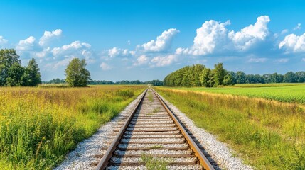 Fototapeta premium A serene view of a railway track stretching into the distance, framed by lush greenery and a clear blue sky, symbolizing journey and exploration.