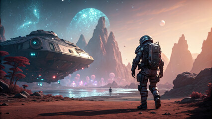 futuristic astronaut in high tech armor explores vibrant alien landscape with spaceship in background, evoking sense of adventure and discovery