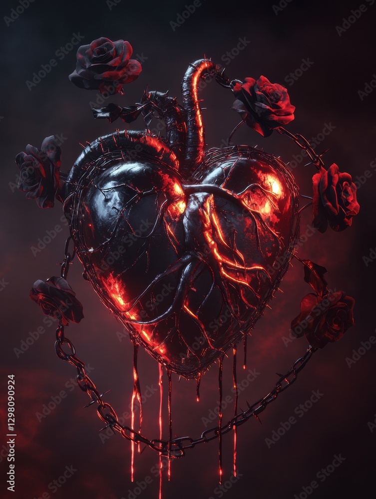 Poster heart entwined with chains and roses emanates a dark, fiery aura in an artistic representation of lo