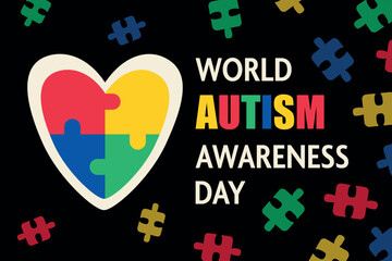 World autism awareness day banner. Colorful puzzle pieces, heart on a black background. Bright vector illustration