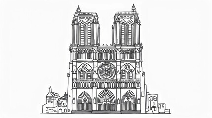 Ornate Line Illustration of Notre Dame Cathedral