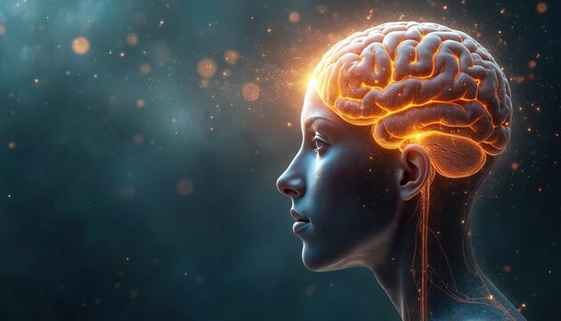 Side view of woman with glowing brain. It represents mind work, subconscious, brain connection. Therapy, hypnosis, NLP, positive self talk concepts. Power of thought, mindfulness, achieving abundance.