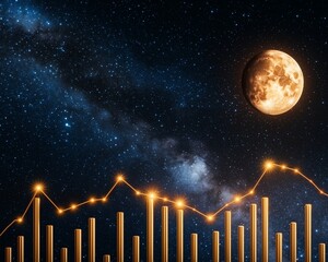ethereal blend of a bitcoin embossed on golden stock chart curve , pointing upwards to starry moonlit sky
