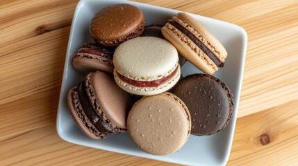 A top-down view of a variety of macarons stacked on a white ceramic plate, with flavors like chocolate, raspberry, and vanilla, set against a light wooden surface.
