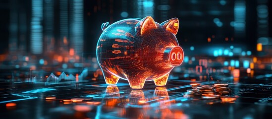 Futuristic Digital Piggy Bank with Neon Lights in a Virtual Financial Landscape
