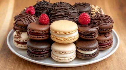 A top-down view of a variety of macarons stacked on a white ceramic plate, with flavors like chocolate, raspberry, and vanilla, set against a light wooden surface.