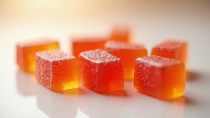 Magnesium Gummies. Close-up of orange translucent gummy candies coated with sugar crystals arranged on white reflective surface, perfect for confectionery advertising, sweet treats, vibrant dessert b