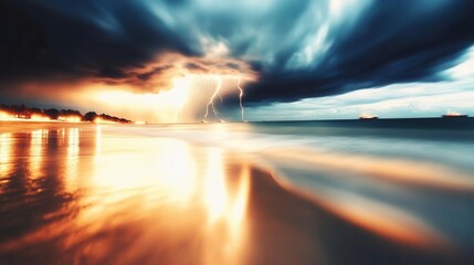 Stormy beach scene with lightning and reflection.