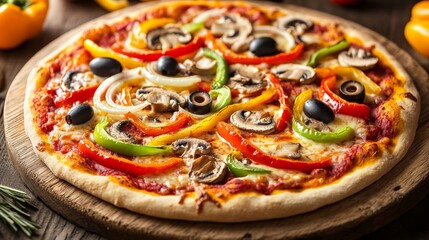 A vegetarian pizza topped with fresh bell peppers, onions, olives, and mushrooms, arranged beautifully on a wooden pizza peel with a crisp, thin crust.