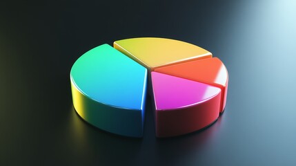 Obraz premium A vibrant D pie chart displaying different market shares, with glossy segments in various colors, set against a sleek dark background for a modern look.