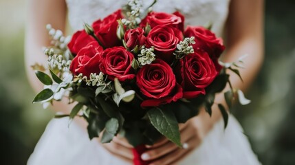 Beautiful bouquet of red roses held by bride on wedding day