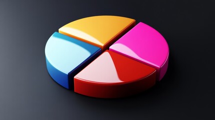 Obraz premium A vibrant D pie chart displaying different market shares, with glossy segments in various colors, set against a sleek dark background for a modern look.
