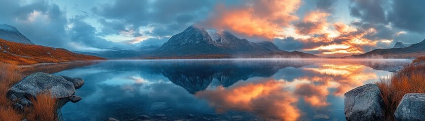 Fototapeta premium Stunning Panoramic View of a Serene Mountain Lake at Sunrise with Vibrant Sky Reflections and Majestic Peaks in the Background
