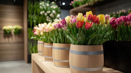 Colorful tulips in stylish wooden containers at a floral shop