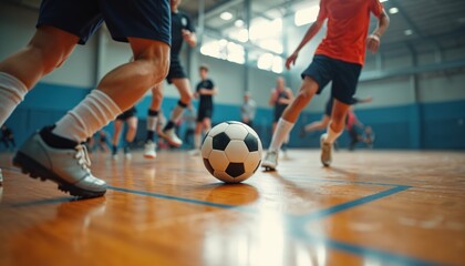 Soccer ball on gym wooden floor and players legs. Training indoor sport match, active team running for ball. Futsal competition, fitness exercise, champion game indoor.