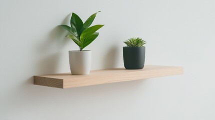 Plants potted on wood shelf against clean white wall, minimal, interior decor